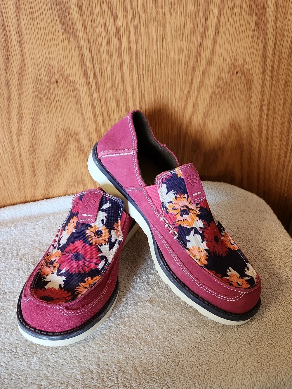 Ariat Pink Suede Floral Slip-On Moccasins